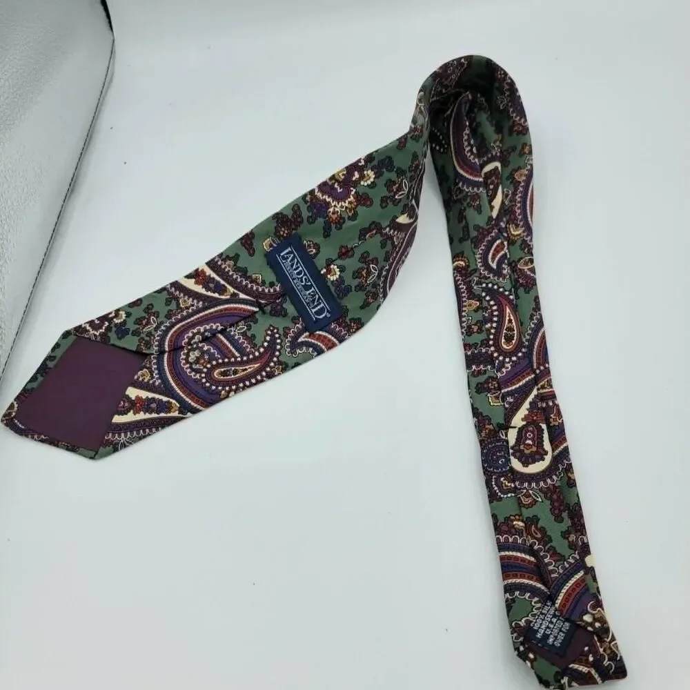 Vintage Lands' End Men's Green Silk Necktie Designer Vintage Size 57.5 x 3.5